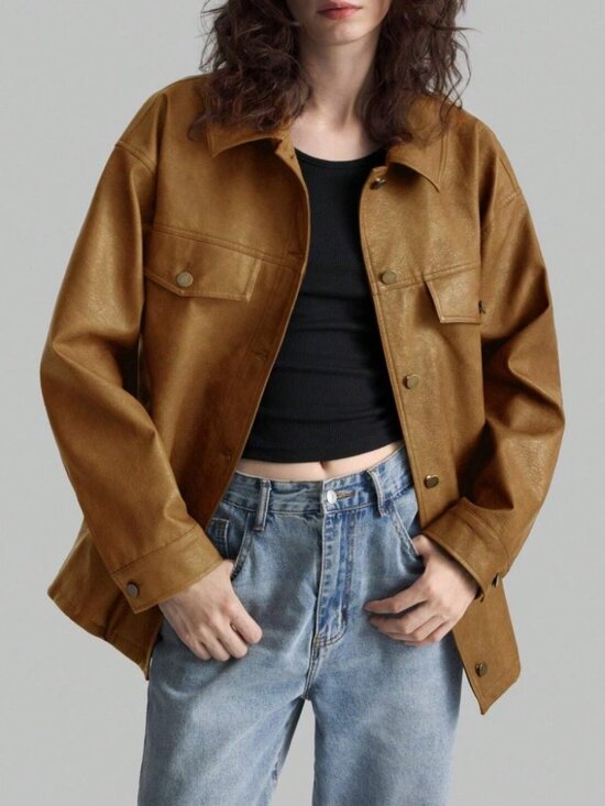 Jackets & Blazers - Camel Faux Leather Snap Front Jacket with Flap Pockets